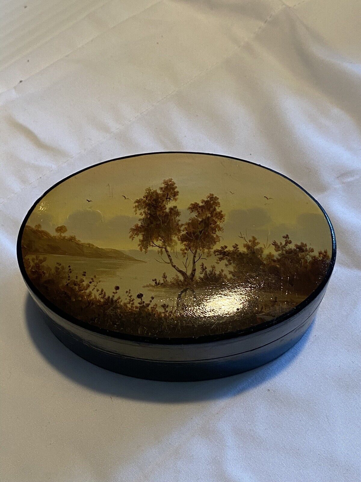 Vintage Small Oval Russian Lacquer Wooden Box Signed Landscape Painting Old