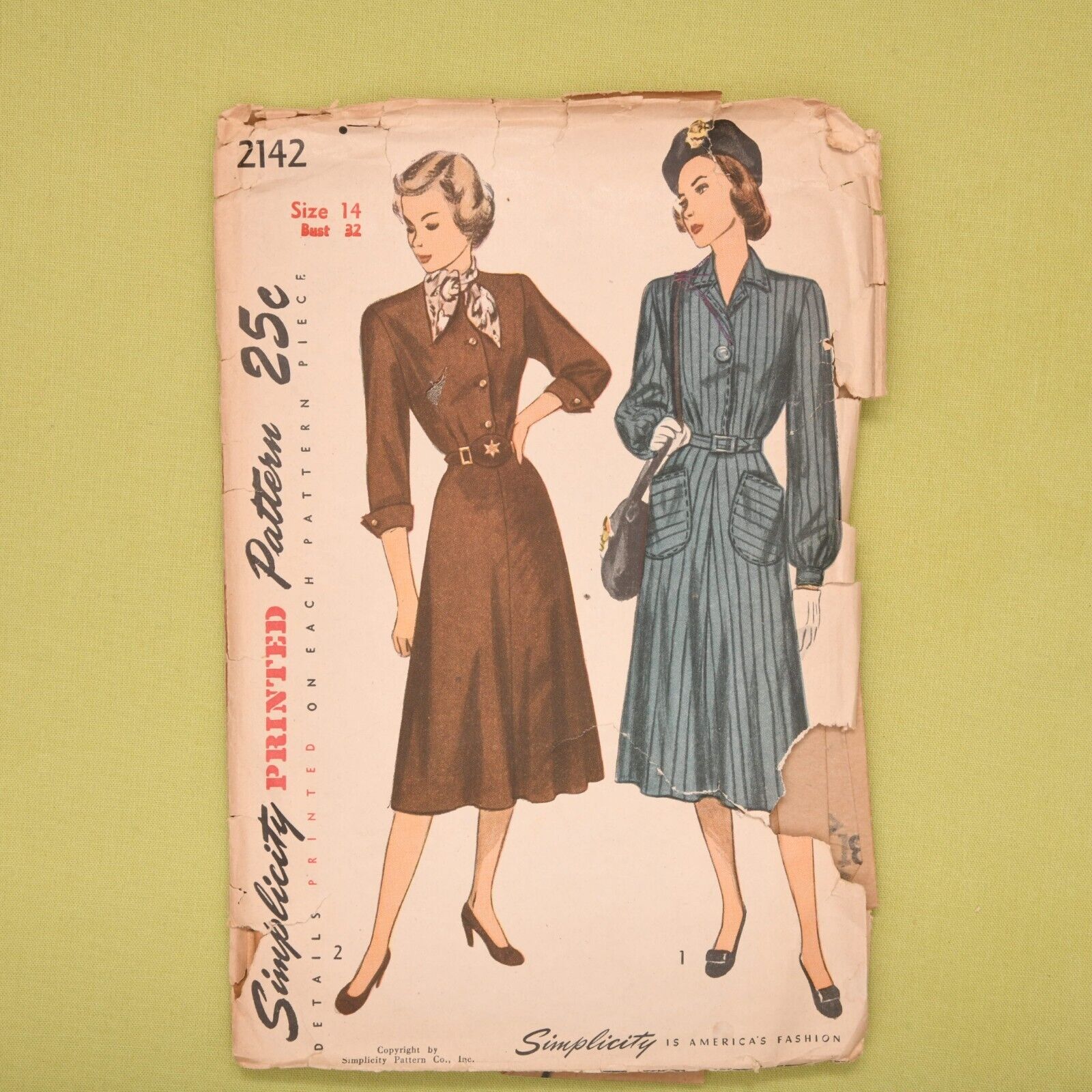 Vintage 1940s Simplicity One Piece Dress Pattern - 2142 - Bust 32 - Complete