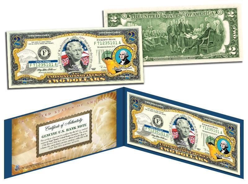 WASHINGTON Statehood $2 Two-Dollar Colorized U.S. Bill WA State *Legal Tender*
