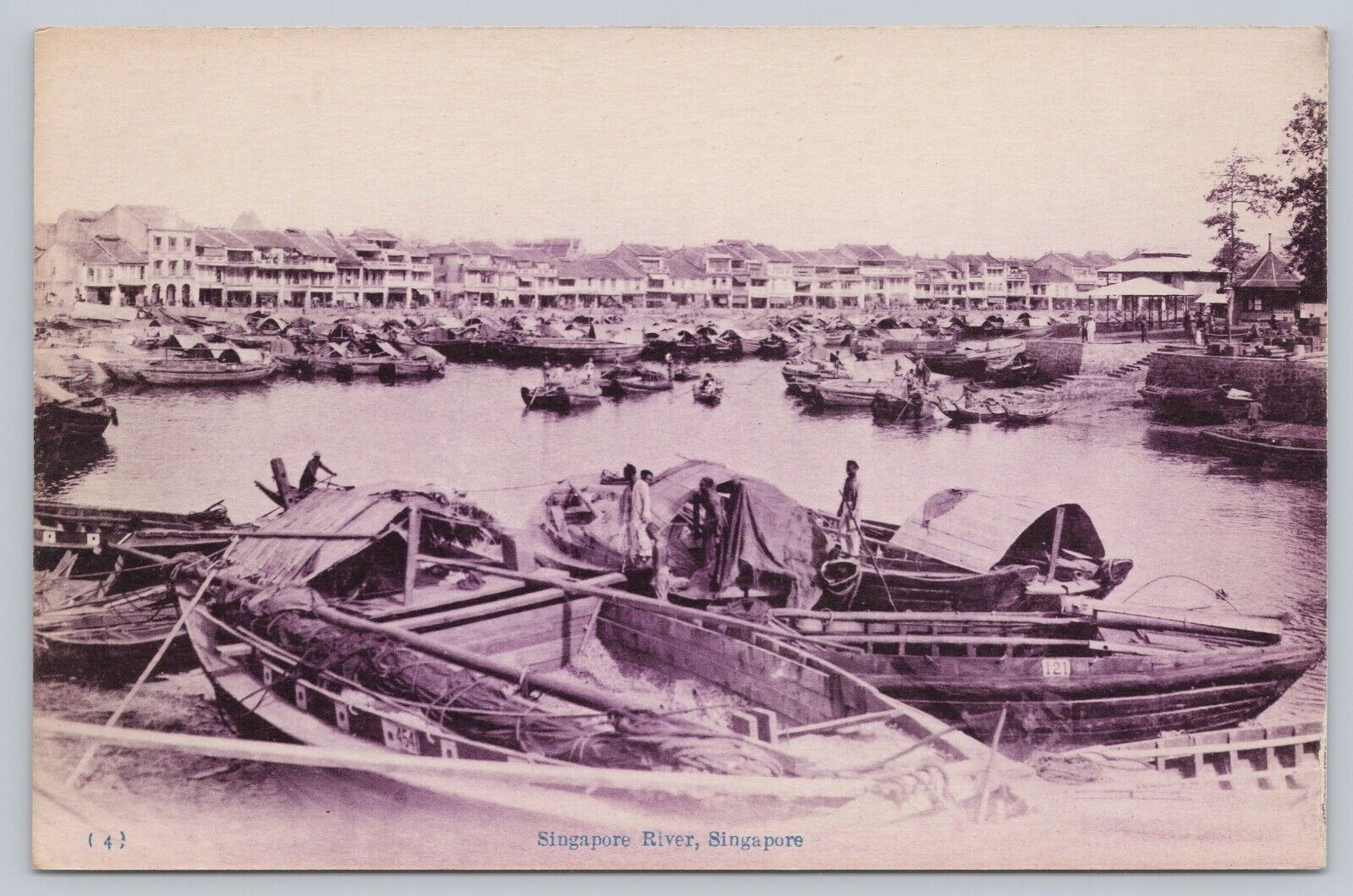 Early Vintage Singapore River Photo Postcard Boats, Houses, Workers