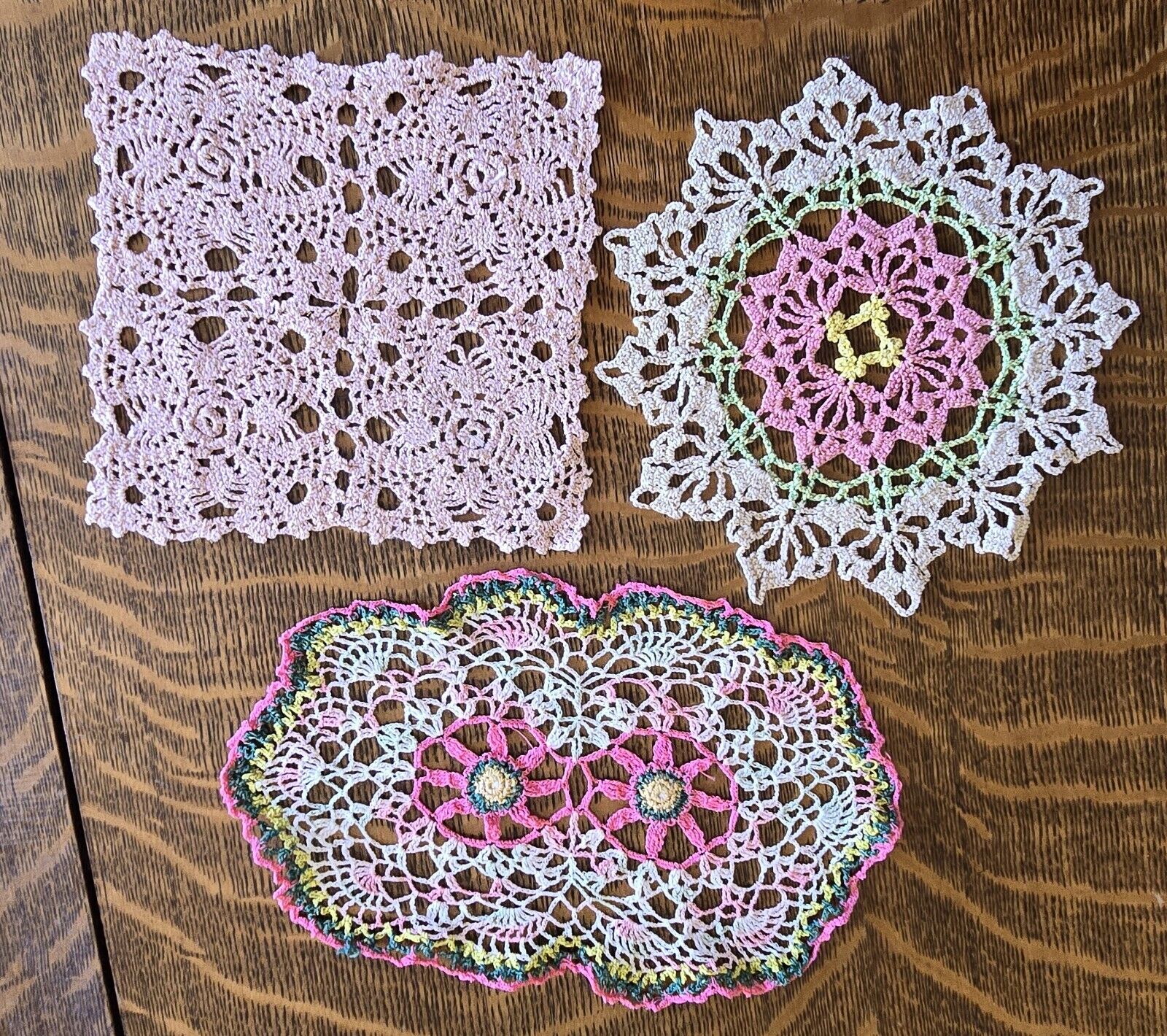 Vintage  3 Piece 1950\'s Sparkly Crochet Doilies Pink Green Oatmeal Gold