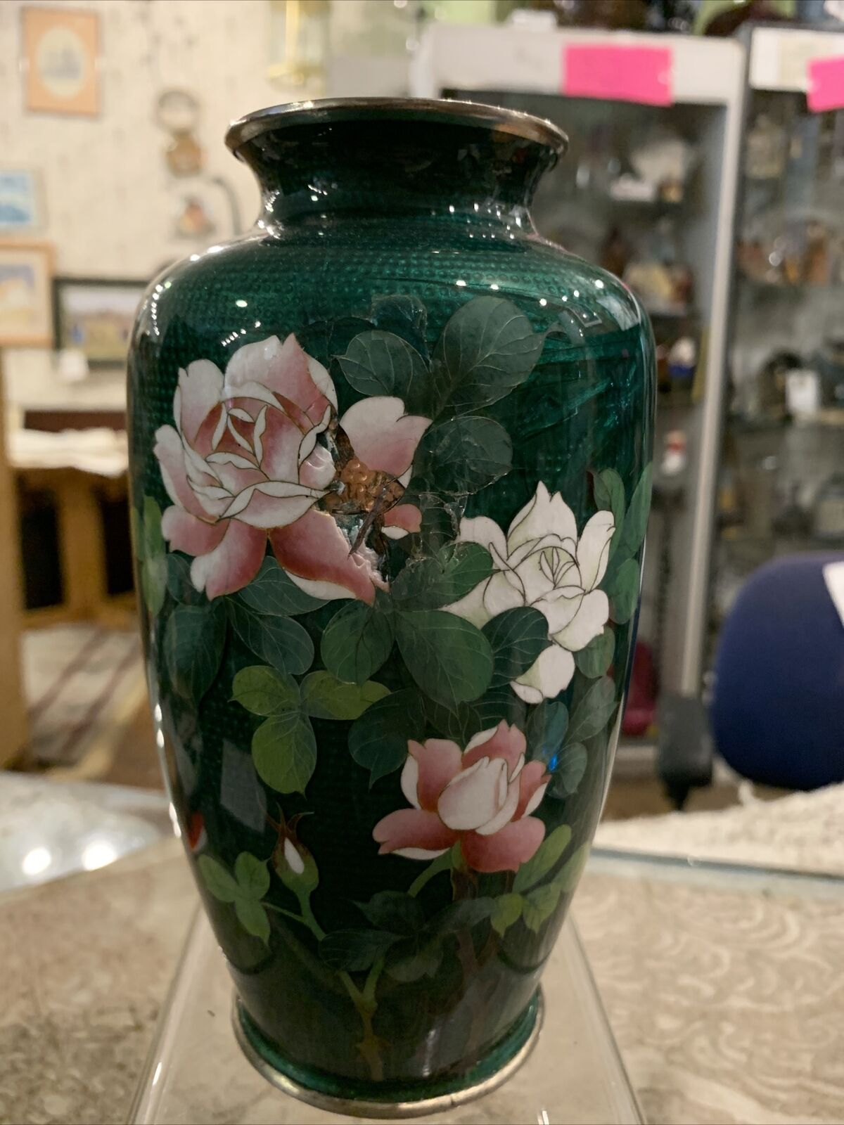 vintage antique Green japanese cloisonné Flower Floral  vase