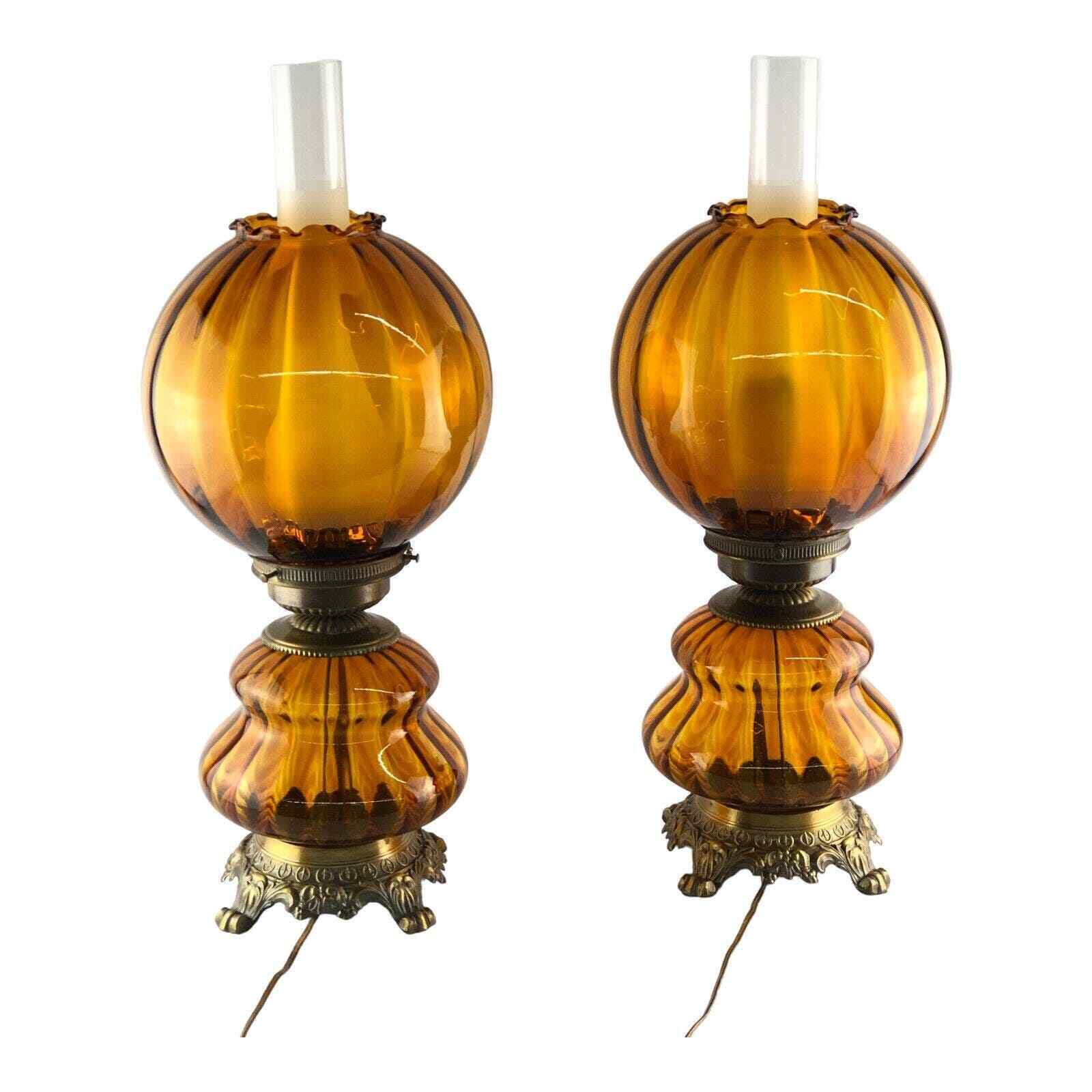 Vintage Pair of Parlor Lamps Amber Optic Glass Globes MCM Hollywood Regency 