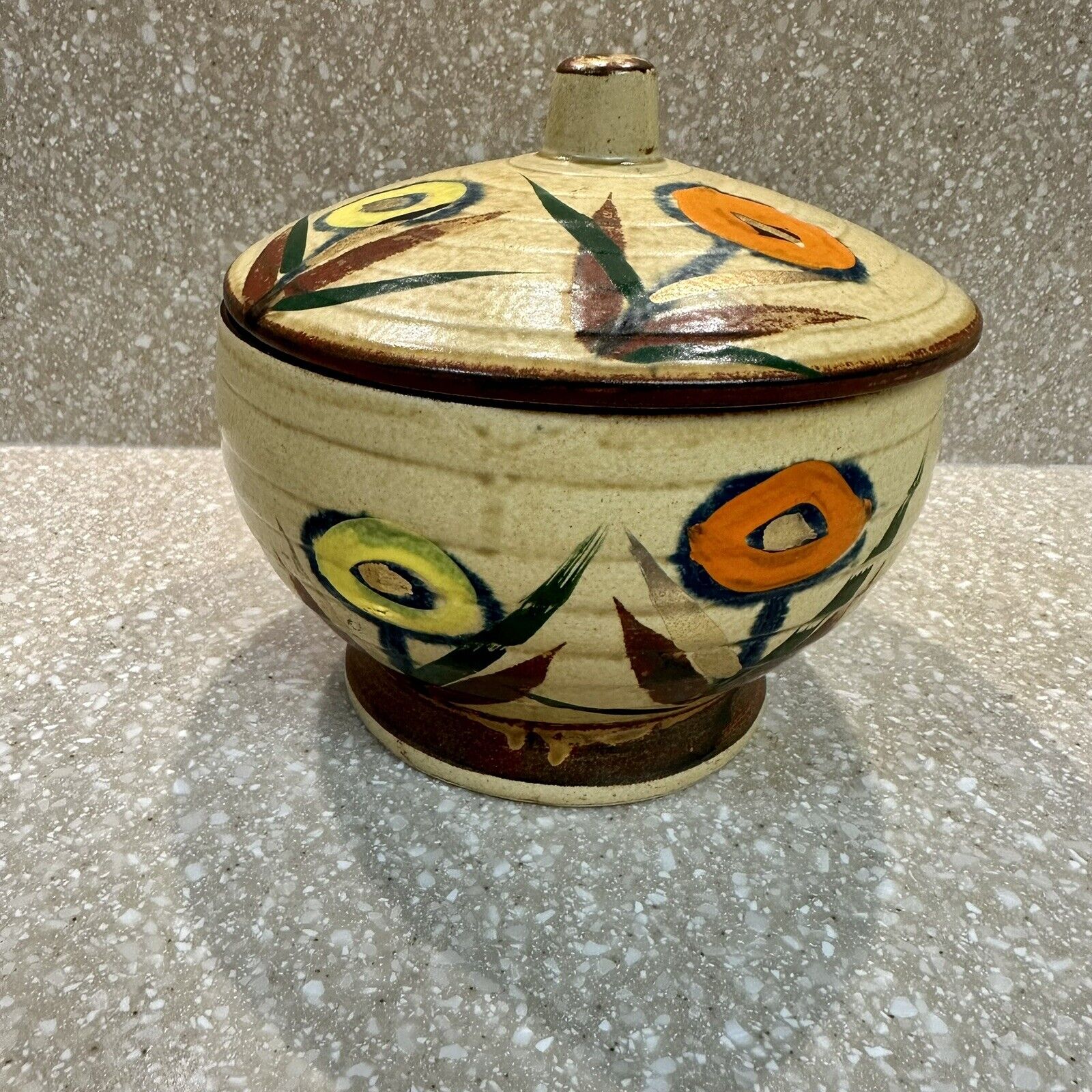 Vintage MCM Hand Crafted Genuine Stoneware Lidded Bowl Natl Silver Nagoya Japan