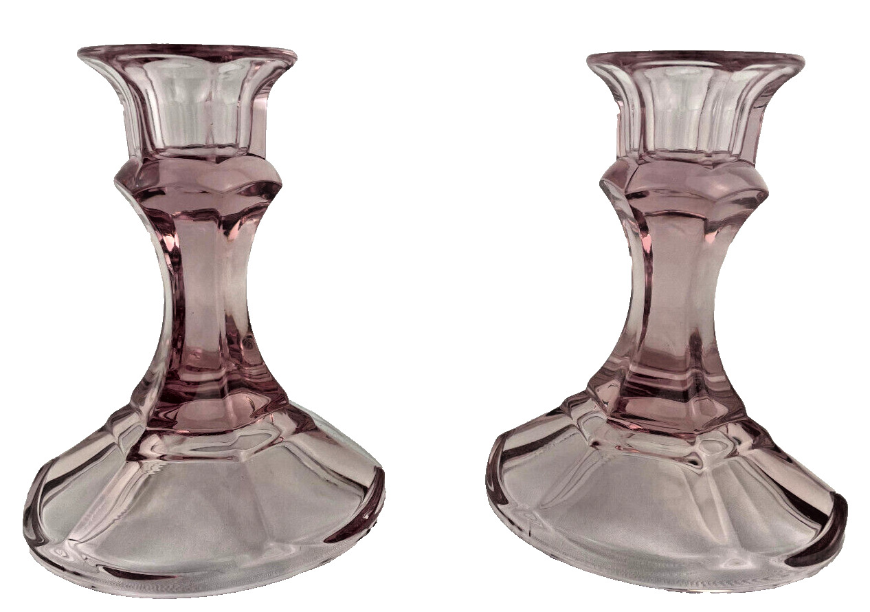 RARE VINTAGE PAIR OF PURPLE AMETHYST GLASS 4.5 INCH CANDLE HOLDERS.