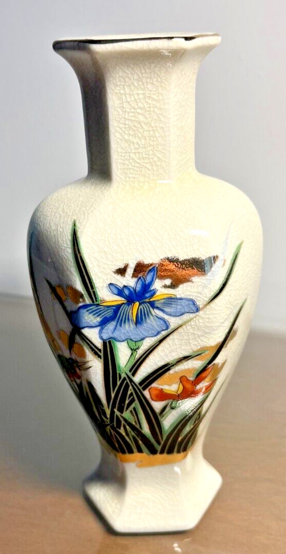 Vintage Japan Vase With Iris Flowers & Bird Gold Trim Six Sided Beautiful Detail