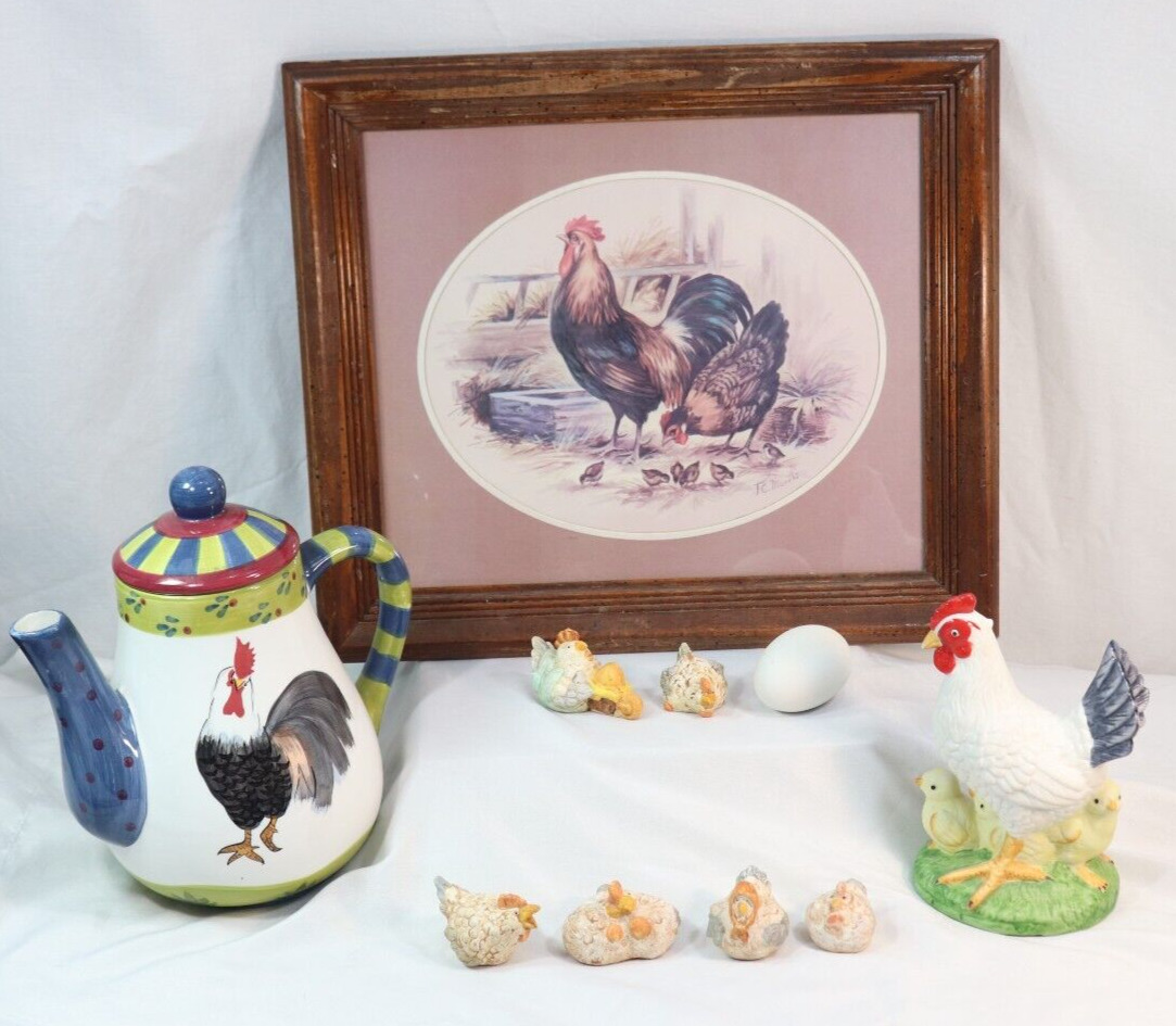 Rooster Lot Decor Country Home Kitchen Rustic Roosters Chickens Teapot 10 Pieces