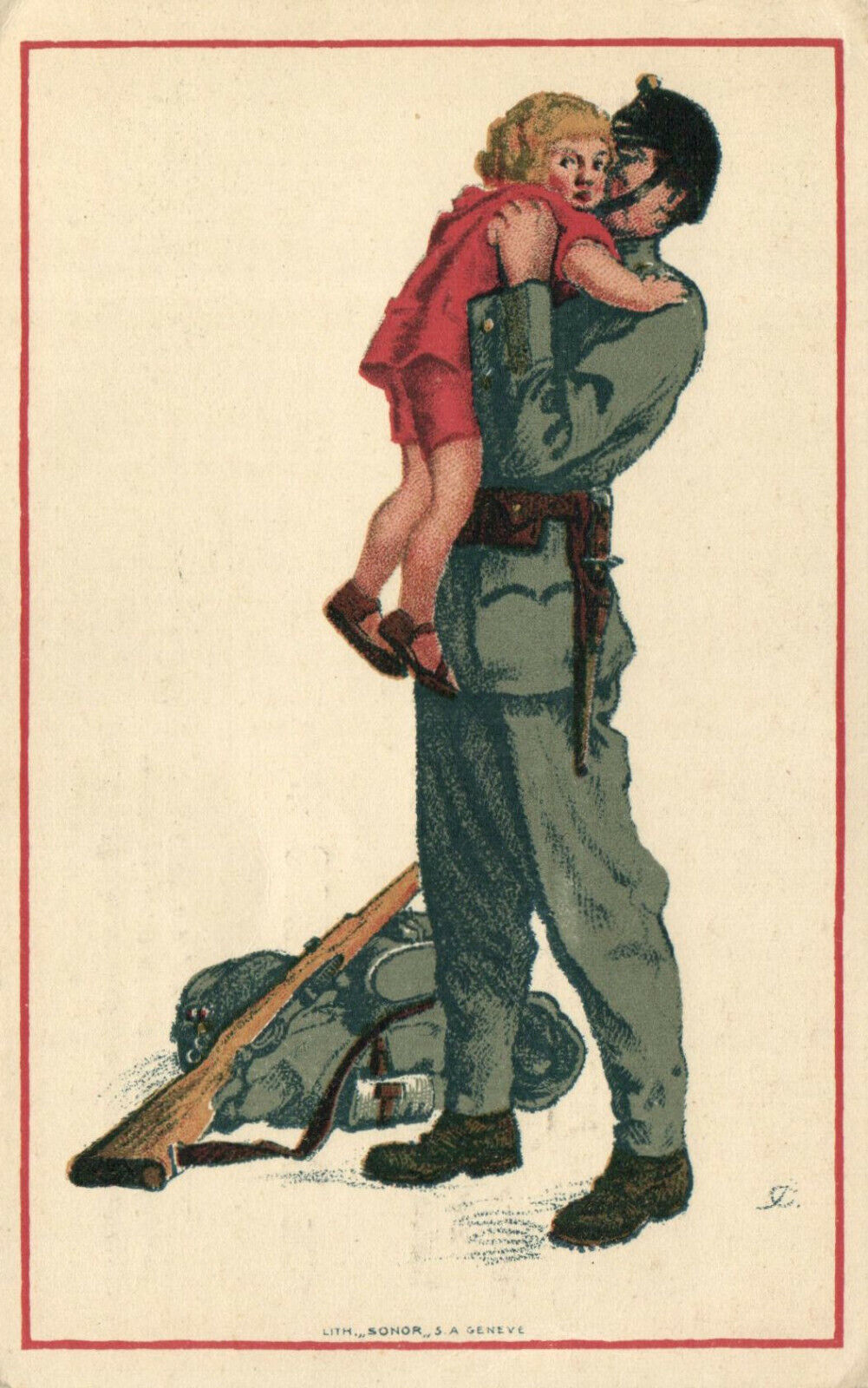 PC CPA SWITZERLAND, PROPAGANDA, A SOLDIER AND HIS DAUGHTER, (b16594)