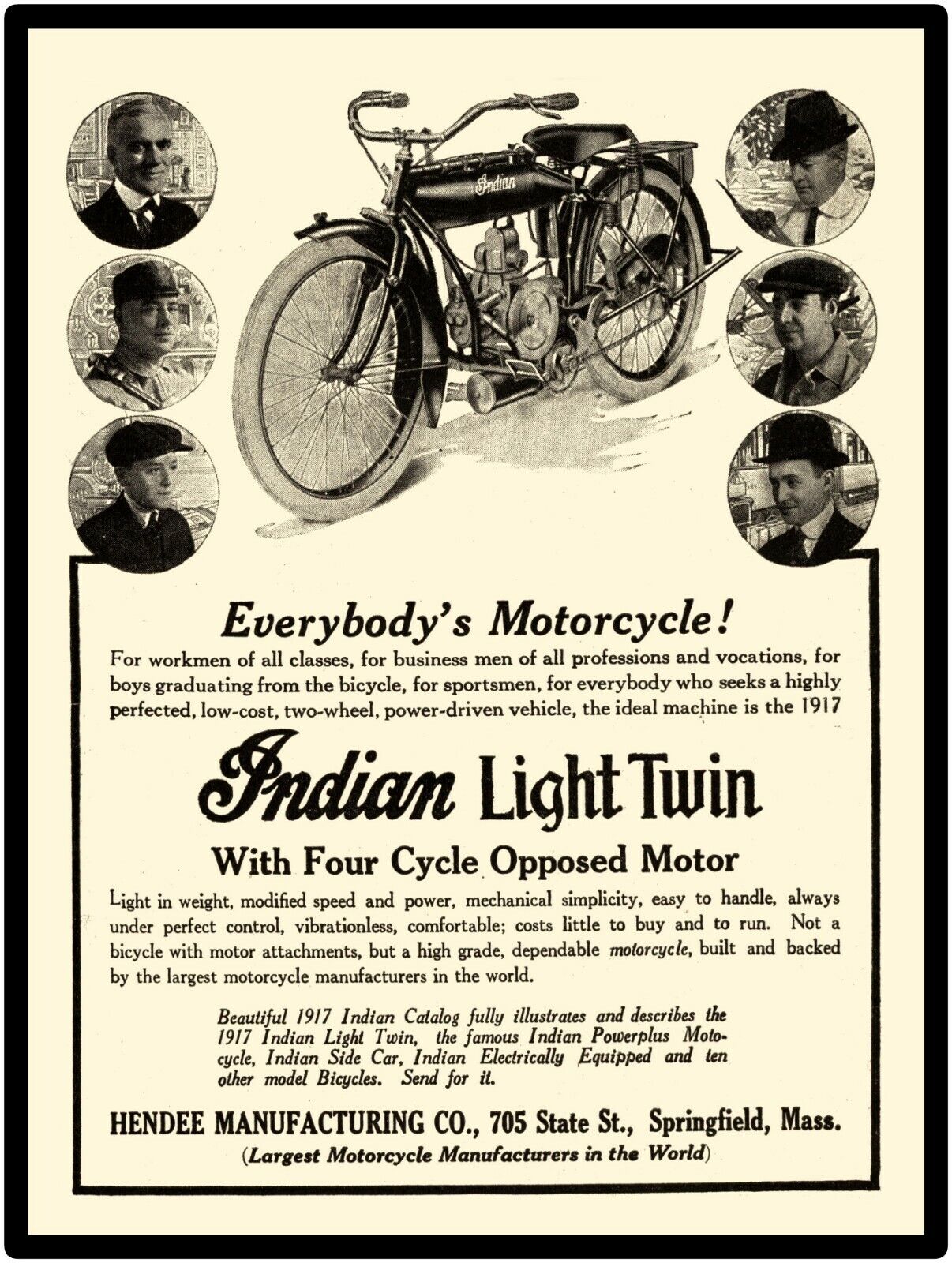 1917 Hendee Mfg. Co. New Metal Sign: Indian Motorcycle 4 Cycle Opposed Motor