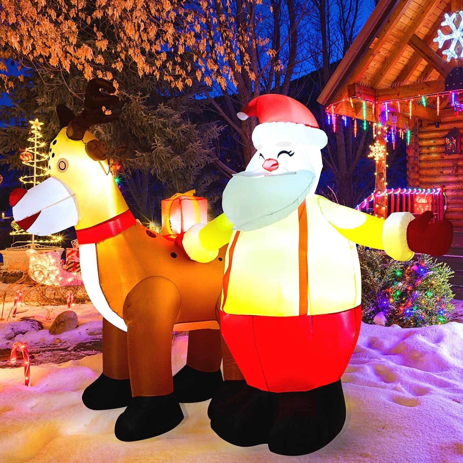 Christmas Inflatables 7ft Inflatable Santa Reindeer Blow Up LED For Outdoor Yard