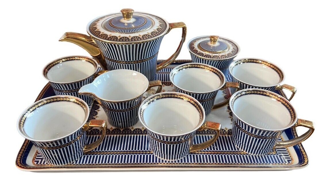 Vintage Porcelain Tea Set of 6 w/ Tray Teapot Creamer Sugar Bowl in Royal Blue