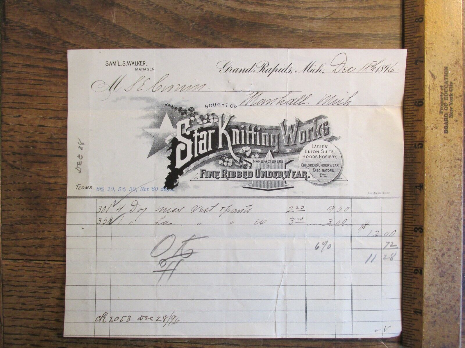 Antique Ephemera Document 1896 Billhead Grand Rapids MI Star Knitting Works