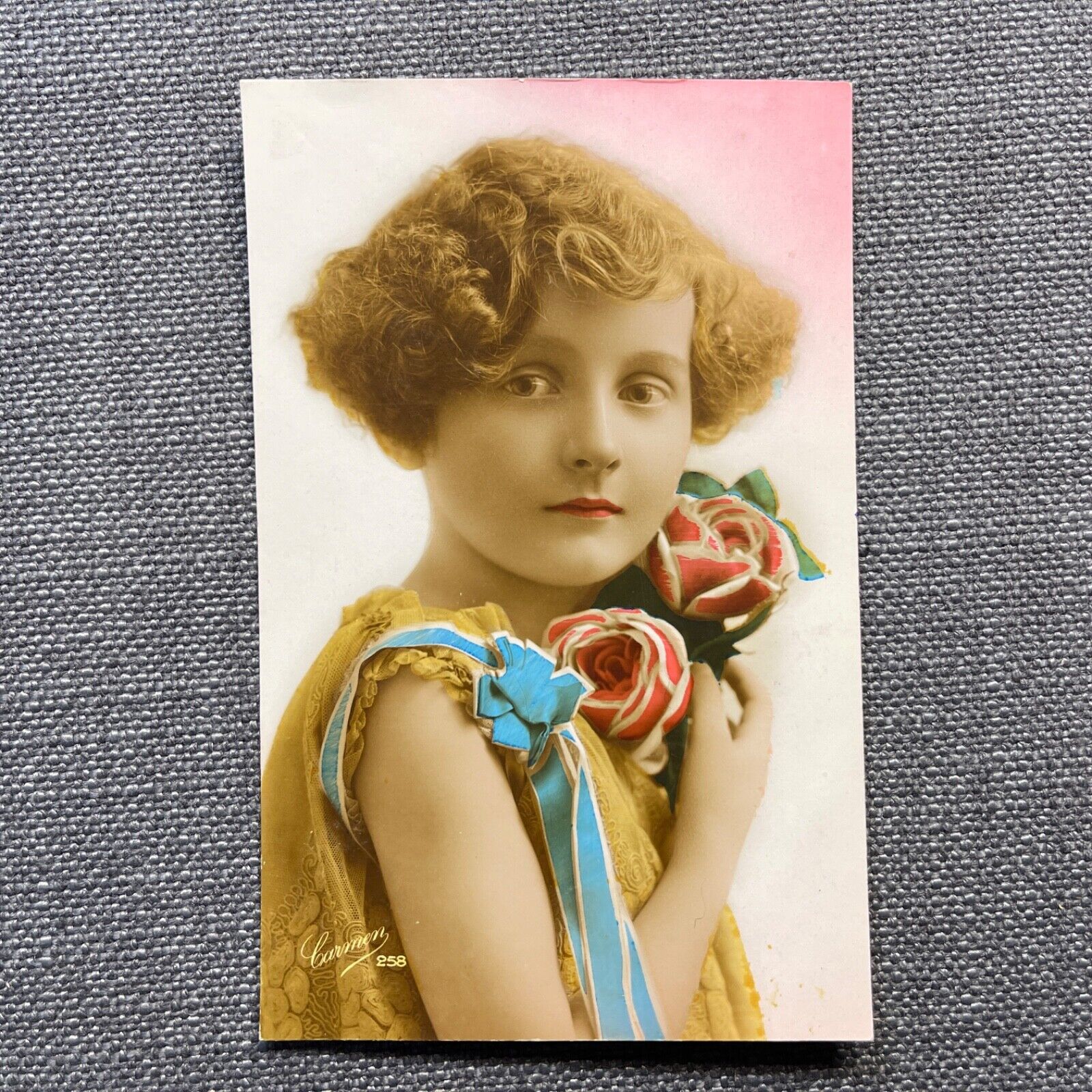 Vintage French Postcard Rppc Hand Tinted Color Girl With Short Hair Holds Roses
