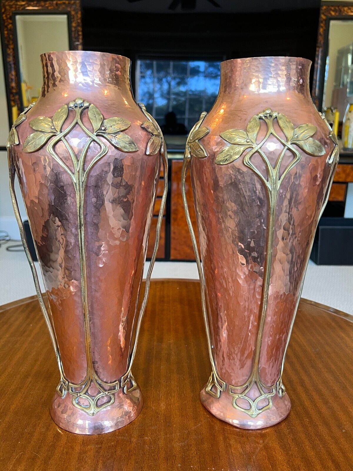 Wonderful Pair of Huge WMF Art Nouveau Copper and Brass Vases