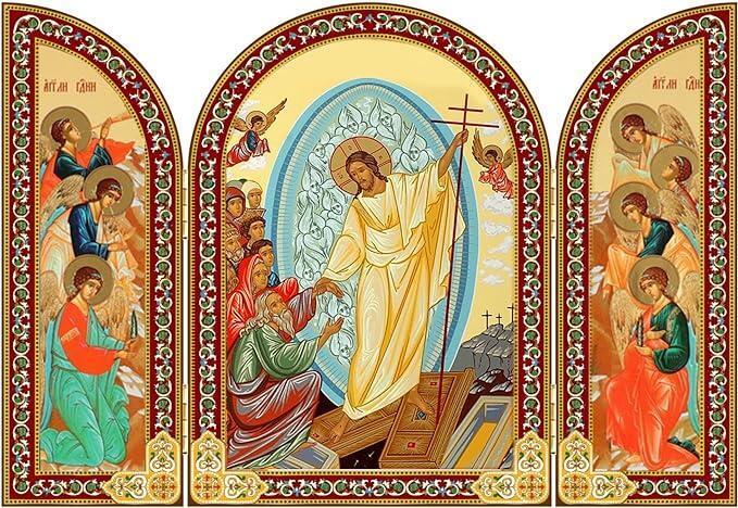 The Resurrection of Christ with Angels Easter Orthodox Icon Triptych 5.5 In