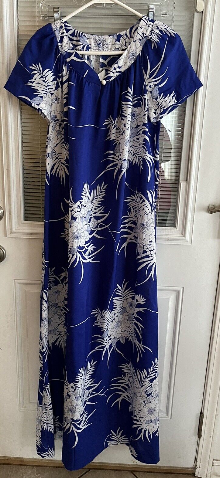 Hilo Hattie Dress Hawaii Blue White Floral Long Maxi Sht Sleeve Vntg Worn 1 Sz S