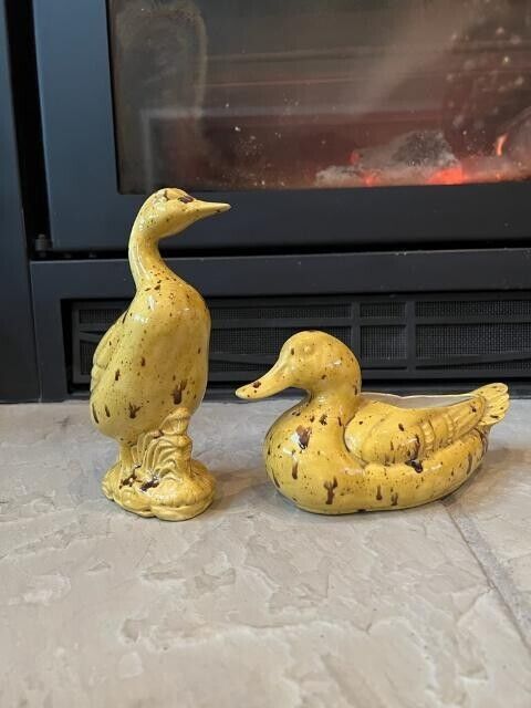 Duck Planter and Figurine, Yellow, Vintage Set of (2)