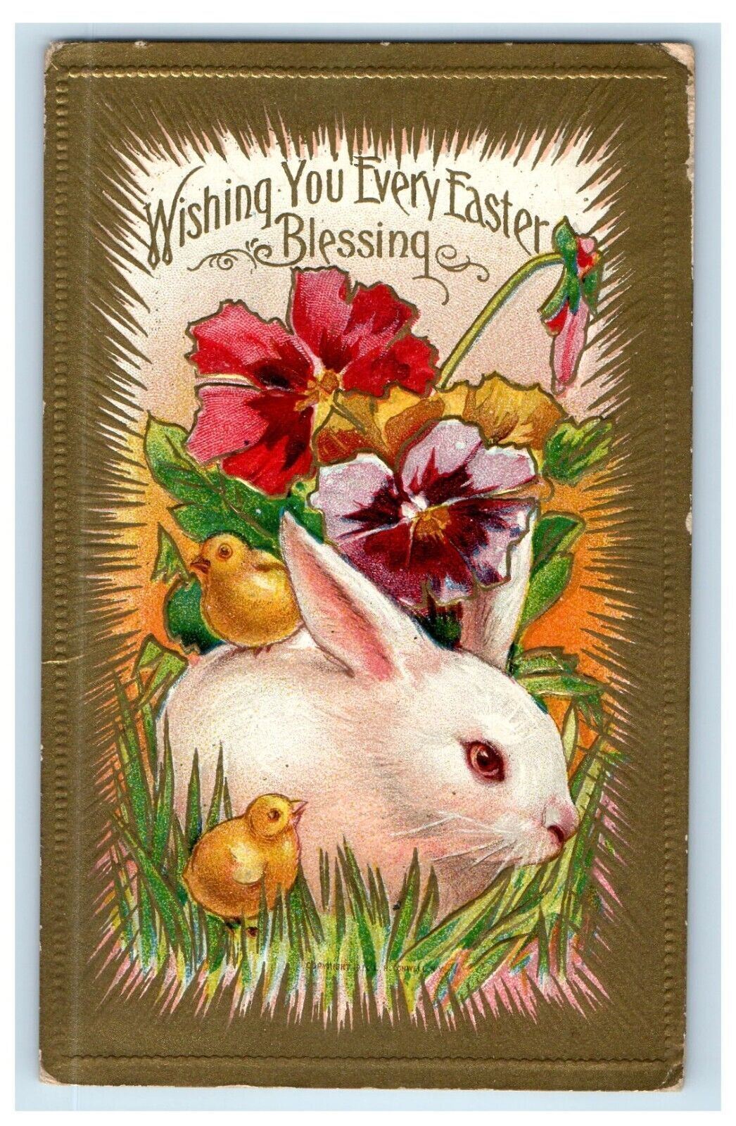 1910 Easter Greeting Rabbit And Chicks Flowers Embossed Antique Postcard