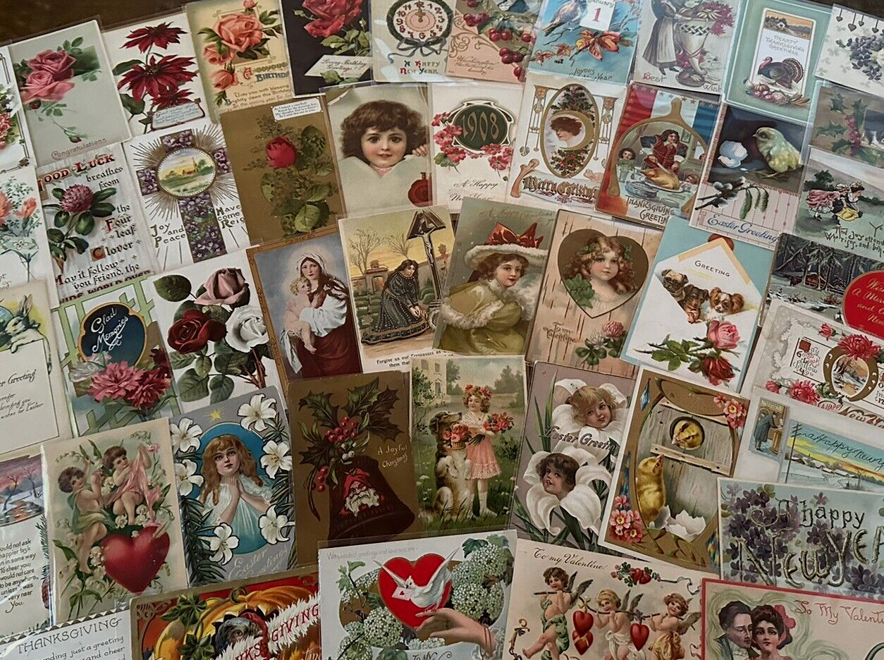 Nice Lot of 60~Mixed Vintage Antique Holidays Greeting Postcards~in sleeves-h838