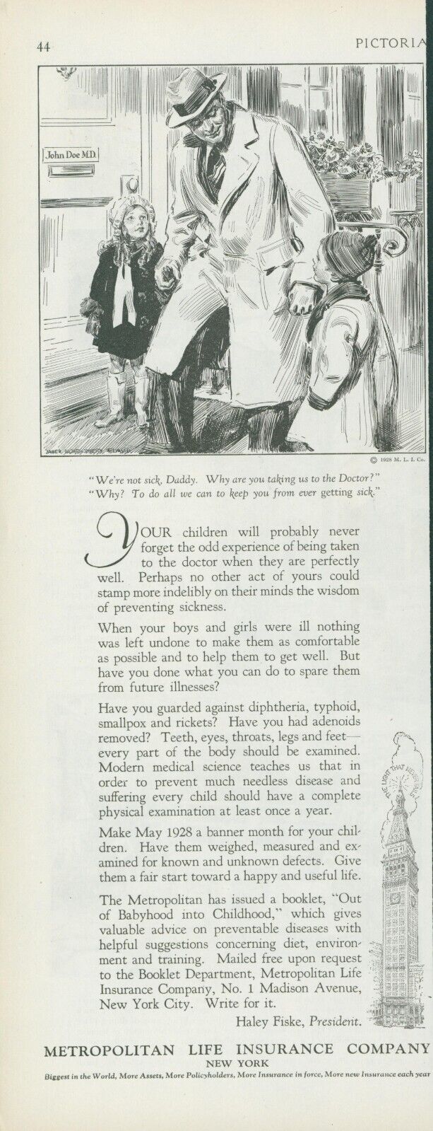 1928 Metropolitan Life Dad Children Doctors Office Fiske Vintage Print Ad PR4