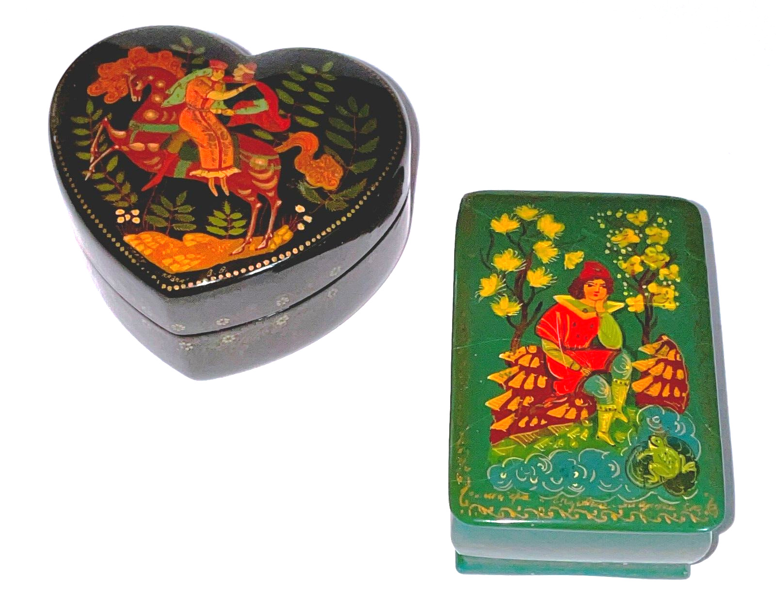 2 Vintage small Russian Lacquer Boxes Heart  Palekh ,Green Mstera