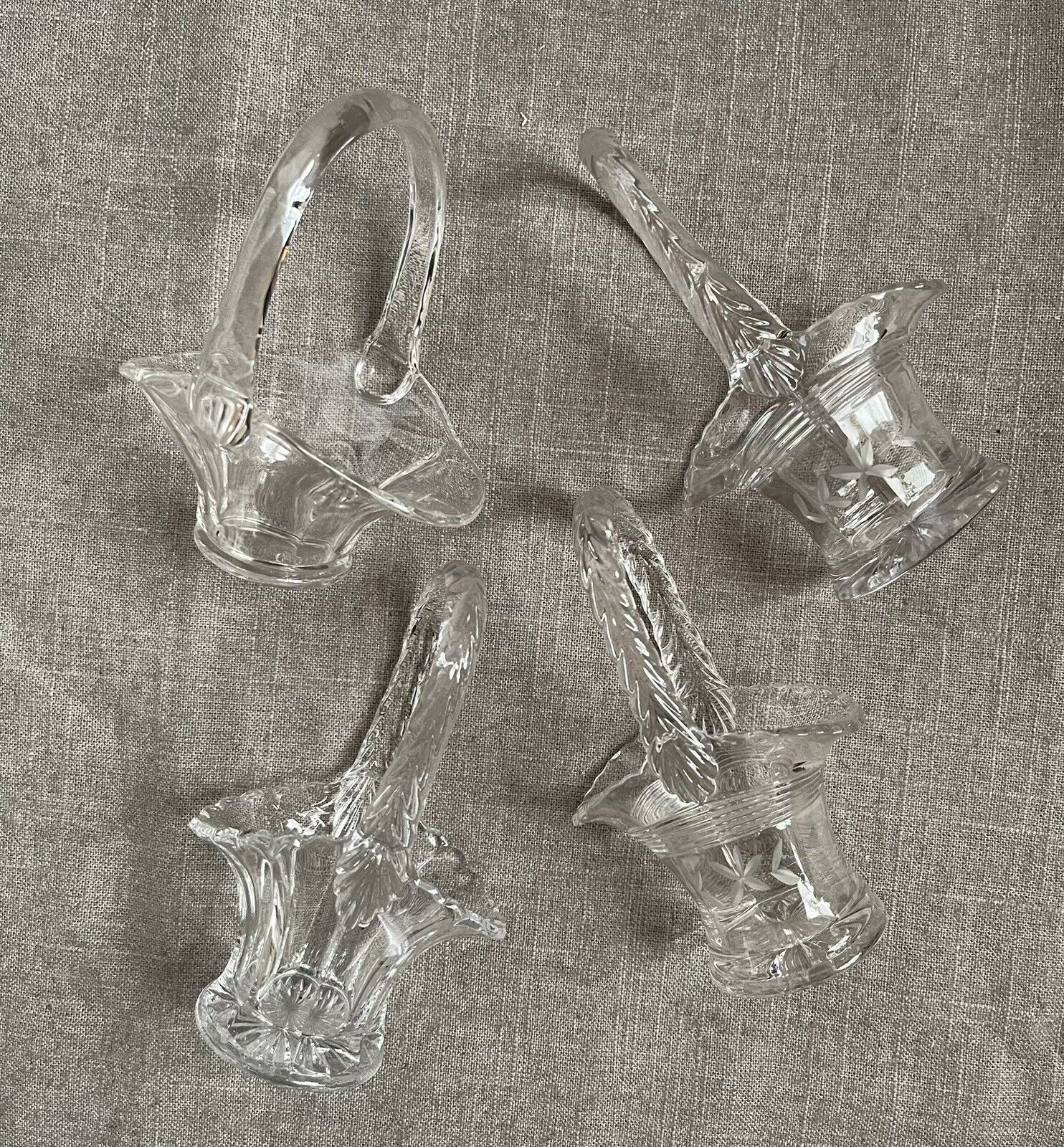 Lot Of (4) Vintage Clear Pressed Glass Floral Handled Small Baskets 5.5” Tall