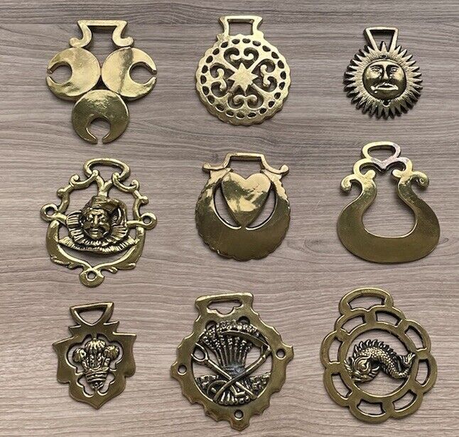 Vintage Lot Of 9 Brass Horse Harness Medallions Bridle Ornaments Tack