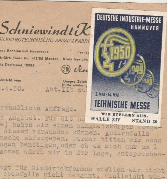 GERMANY old Rare Label DEUTSCH INDUSTRIE-MESSE HANOVER Tied Letterhead 1950