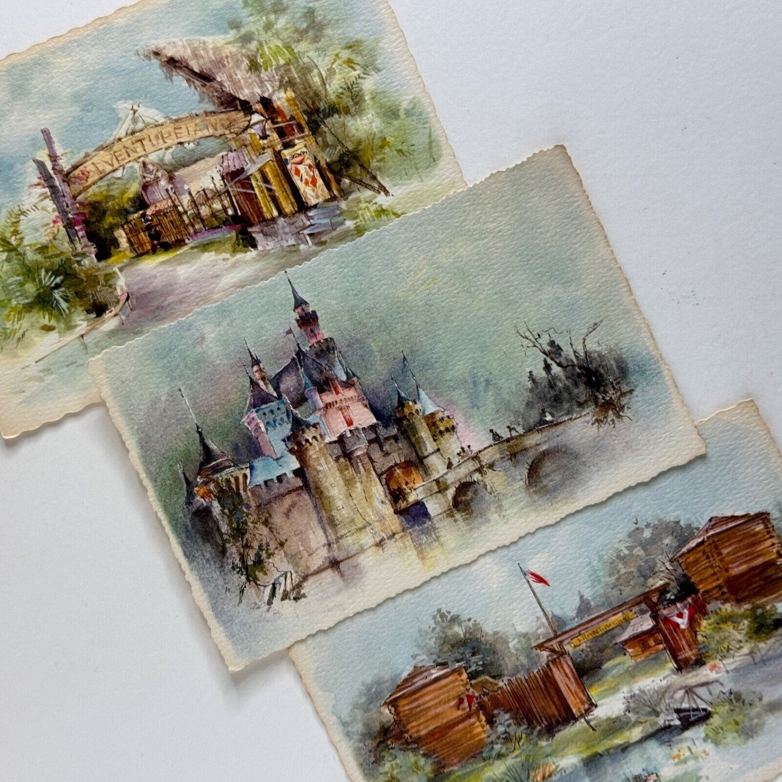 RARE Vintage Set of 3 Disneyland Watercolor Postcards - 1965 Hallmark