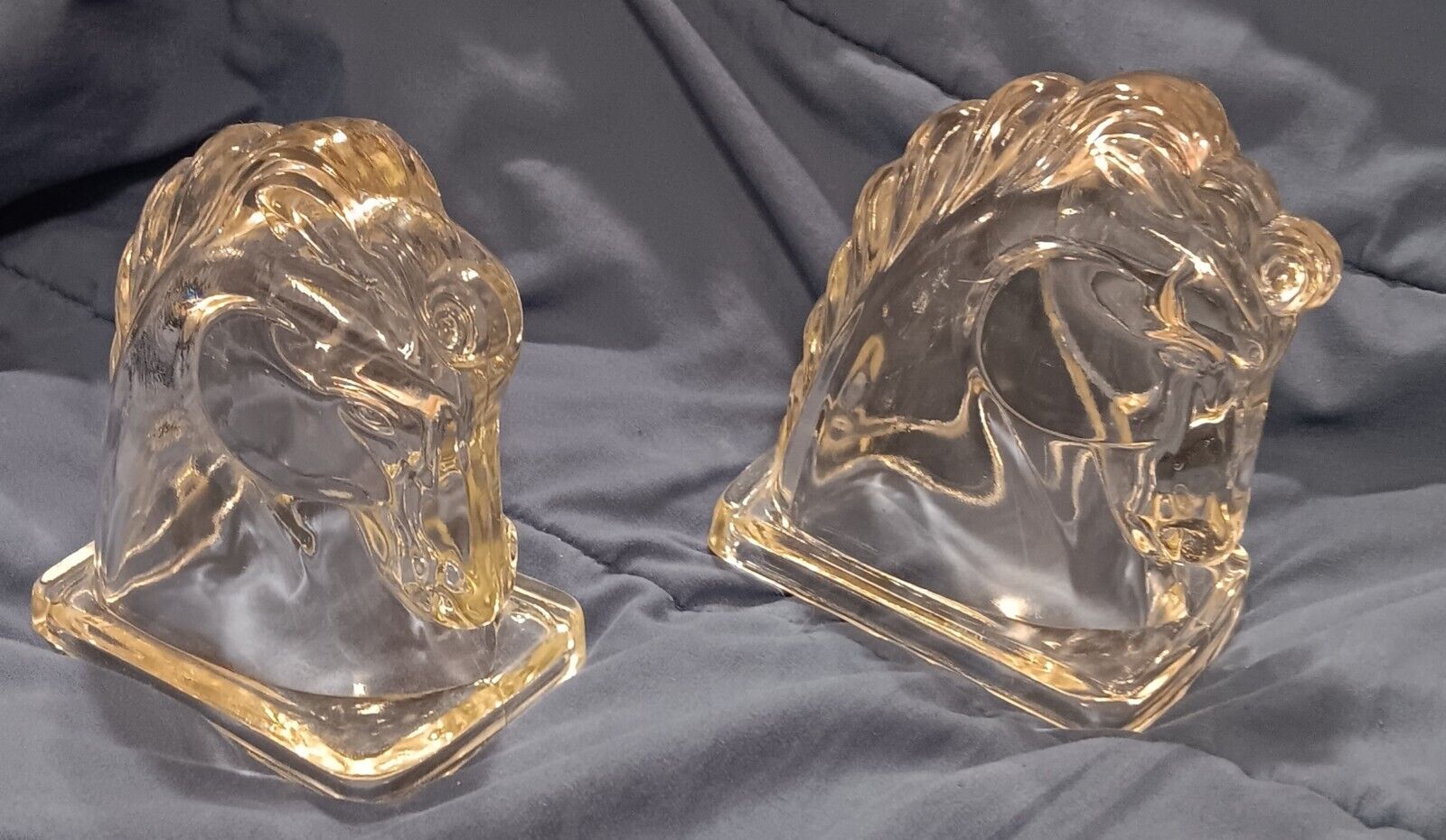 Pair Of Bookends Art Deco Clear Pressed Glass Horse Head Stallion Animal