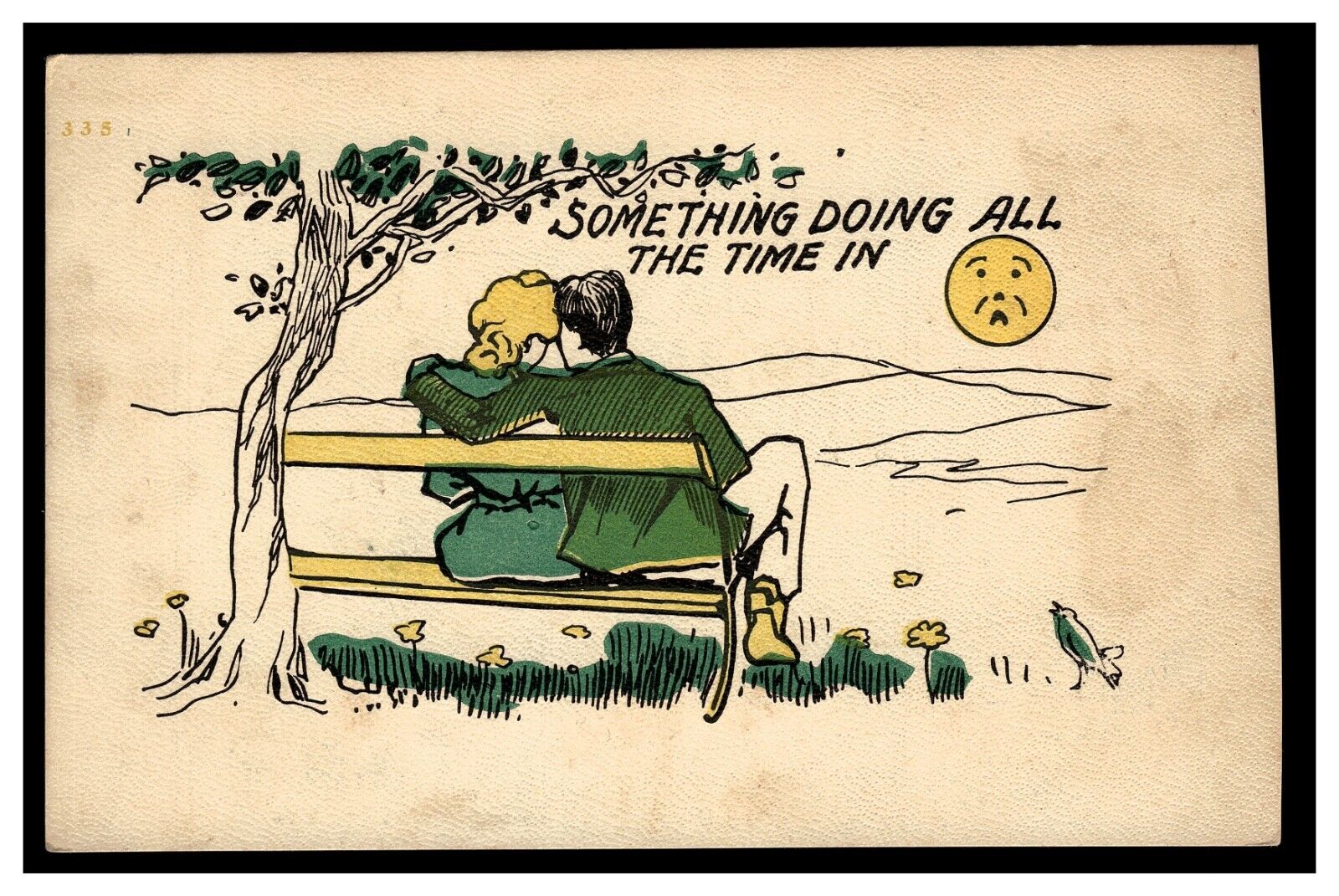 SOMETHING DOING ALL THE TIME IN VINTAGE POSTCARD UNUSED MAN WOMAN HUGGING BENCH