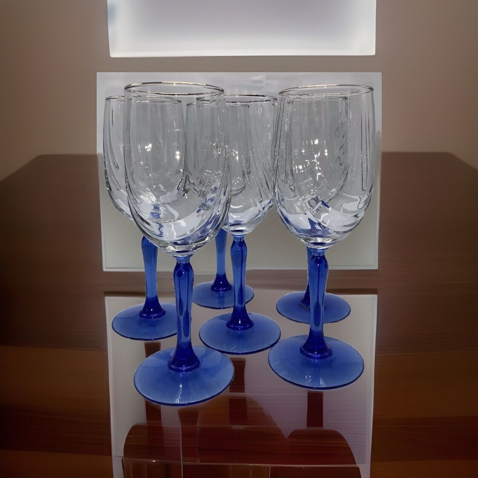 5 Lenox Crystal Cobalt Blue Stem Swag Drape Gold Rim 8” Tall Wine Glasses