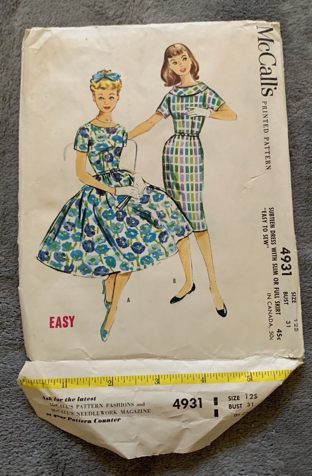 VTG 1959 McCalls 4931 SubTeen Sz 12.5 Dress Pattern Precut