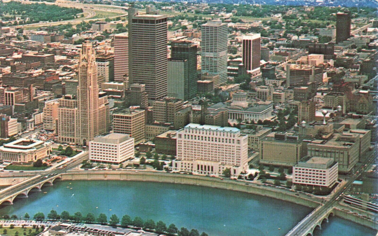 Postcard OH Columbus Downtown State Capital Skyscrapers Bridge Automobiles