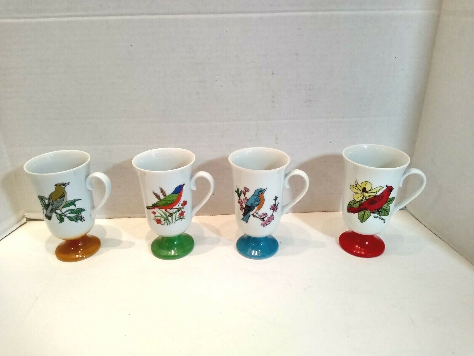 Vintage Fred Roberts Song Birds Pedestal Coffee Mugs Set of 4