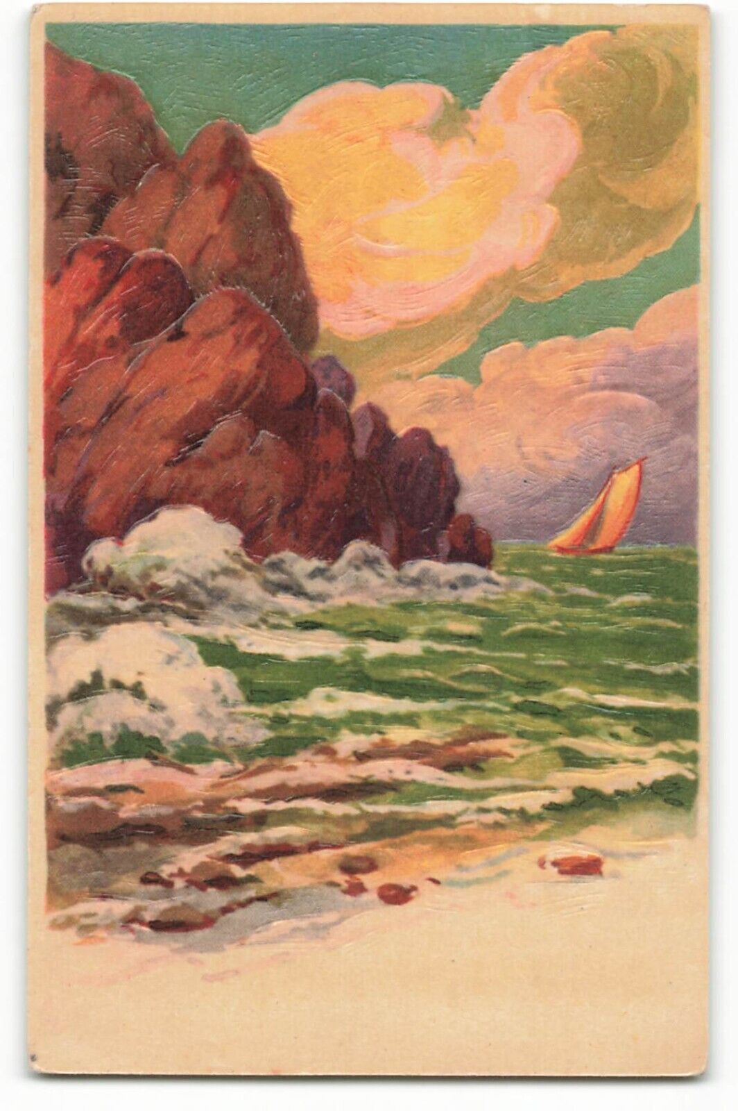 Postcard Water-color artwork ship mountains - Imprime en France VTG CC9.