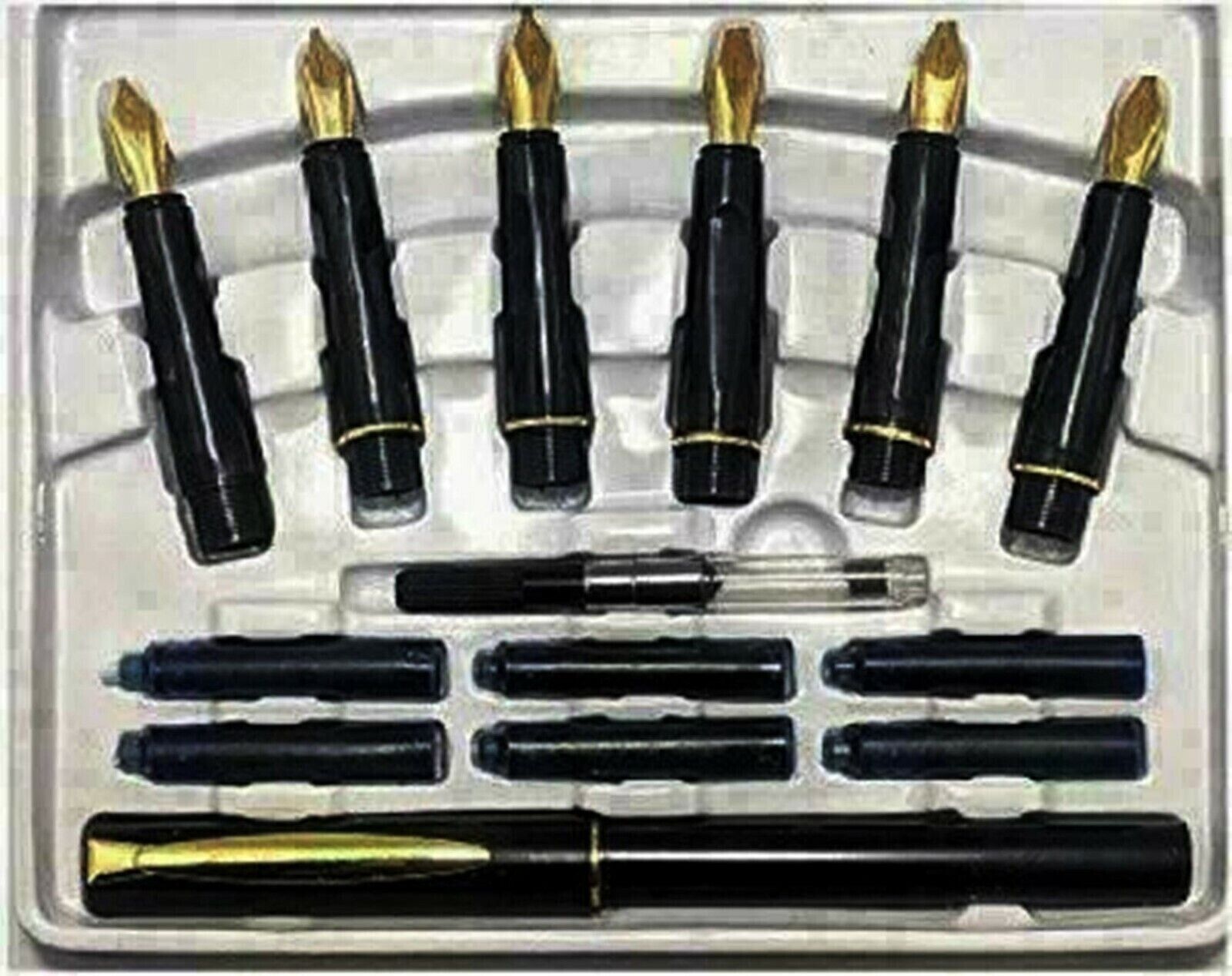 Calligraphy Fountain Pen Set 6 Nibs and 1 Pen 22 Carat Gold Plated 