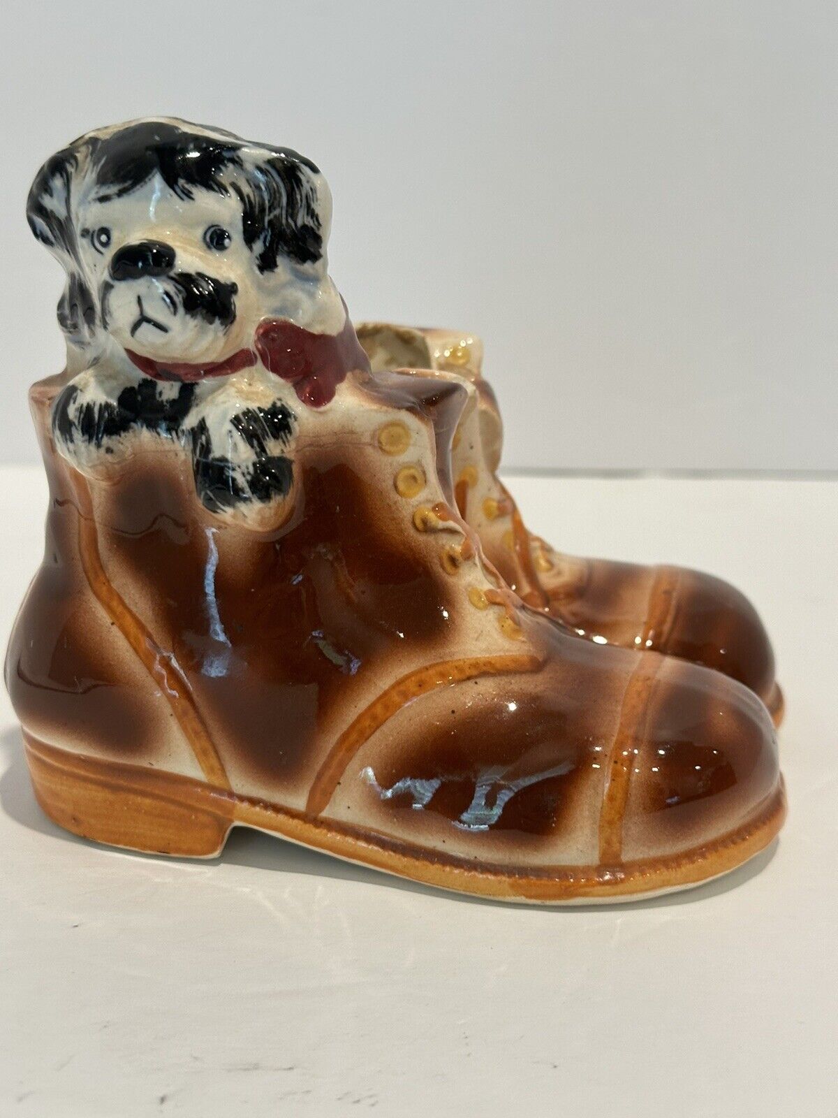 Vintage Ceramic Puppy Dog In Boots Shoes Planter