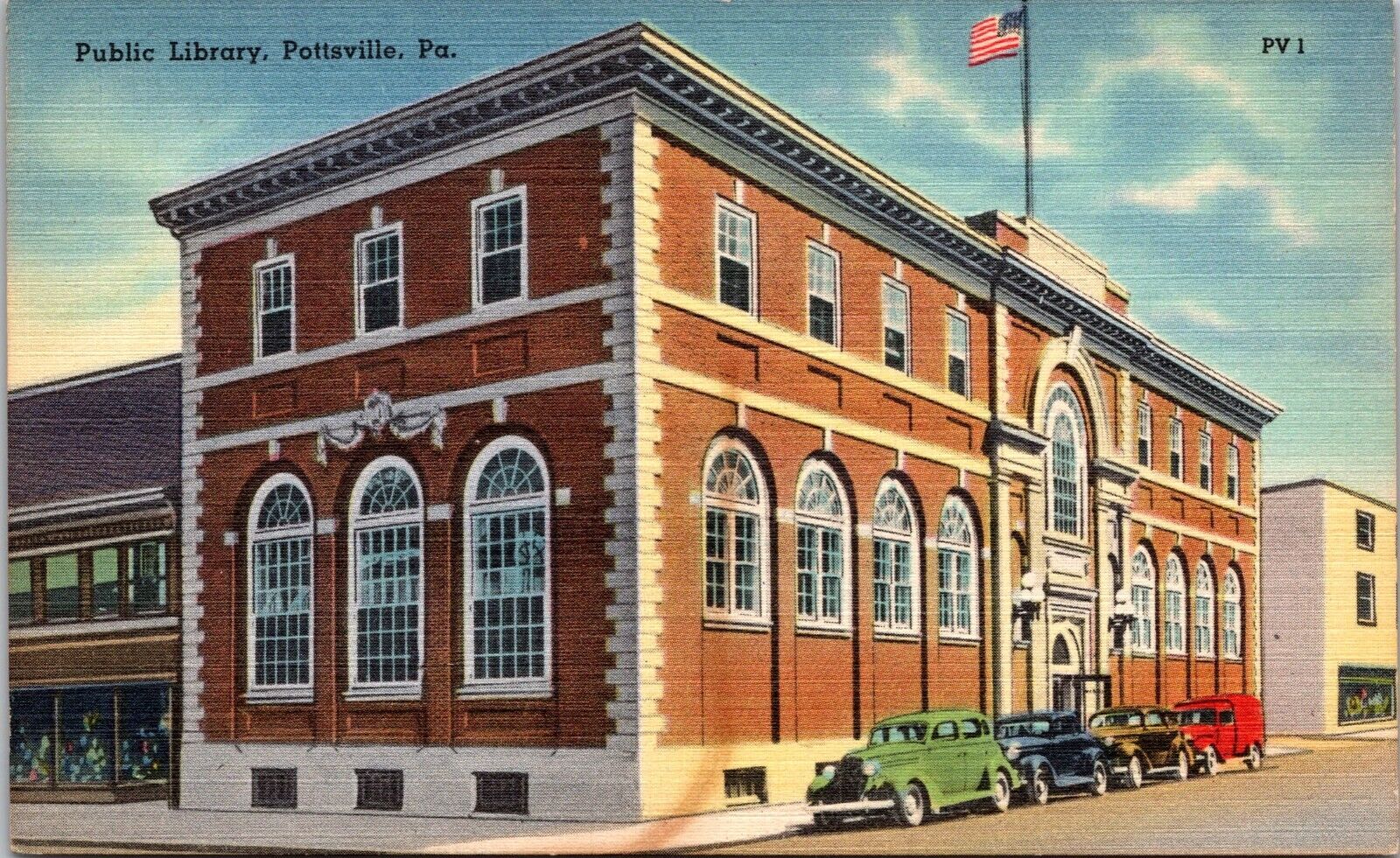 Public Library Pottsville Pennsylvania PA Old Cars UNP Linen Vtg Postcard A1