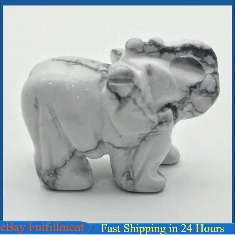 Natural White Howlite Turquoise Elephant Quartz Crystal Carved Skull Animal Gift