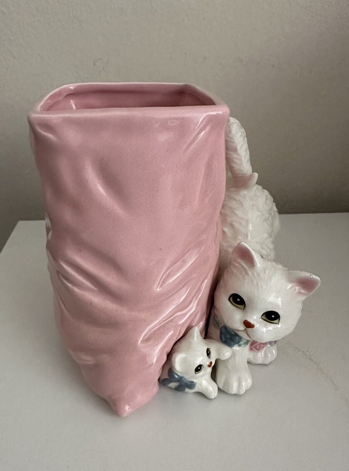 Vintage Twinscents Mother Cat With Kitten White Ceramic Planter
