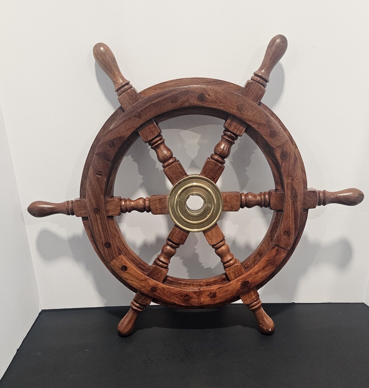 Vintage Wood Pirate Ships Pilot Helm Wheel Brass Center 18\
