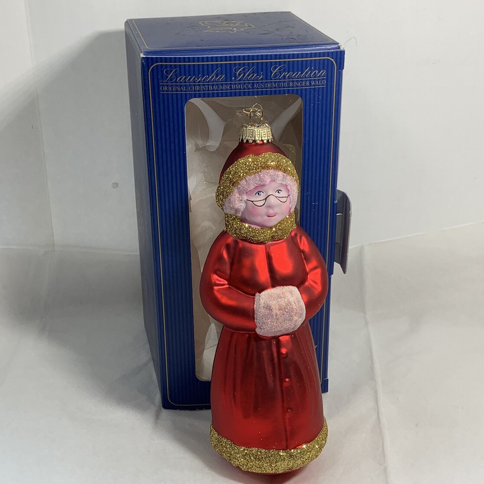 KREBS Lauscha Glass Christmas Ornament Mrs Claus Red Coat Germany Orig Box 6.5\