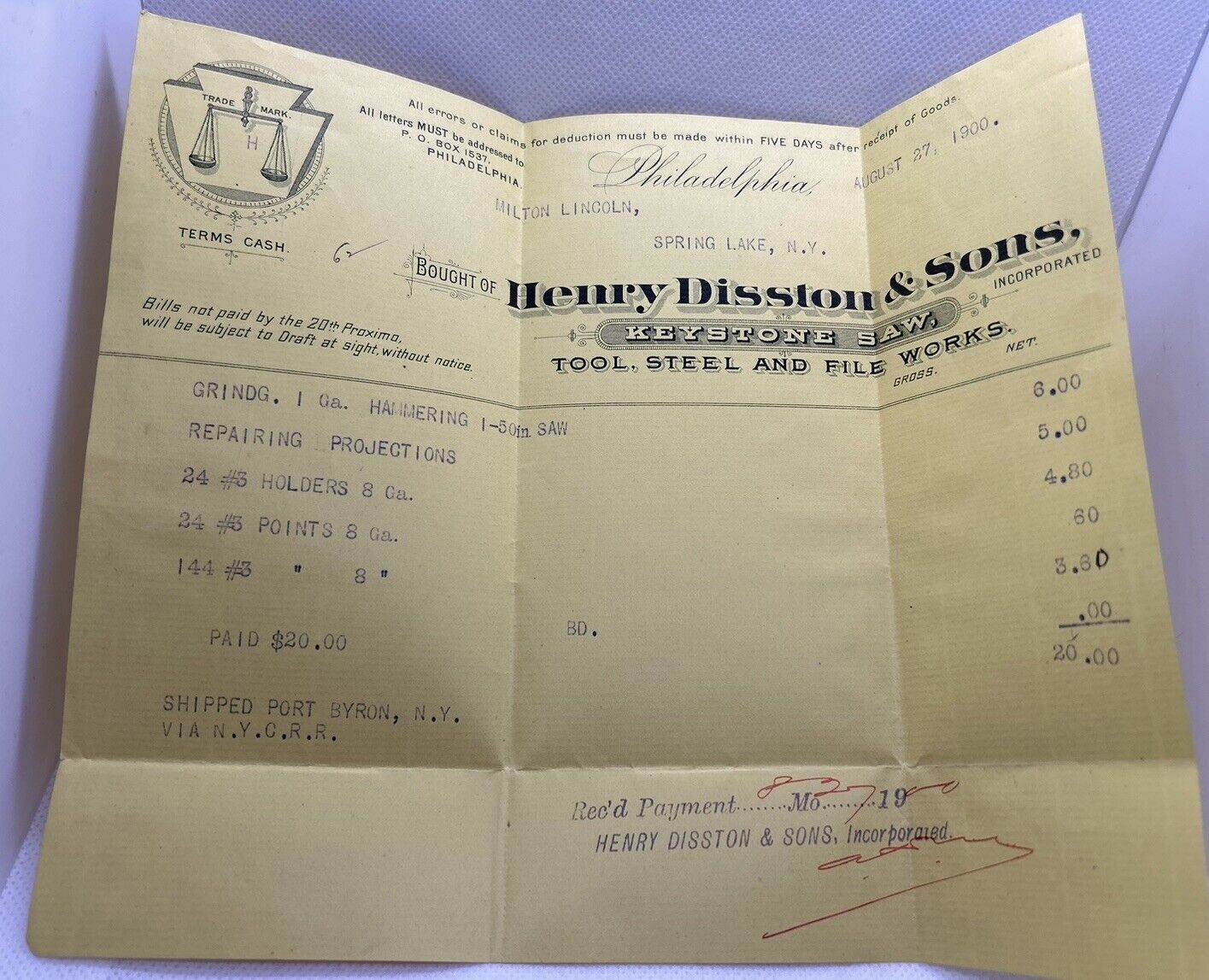 1900 Henry Disston & Sons Invoice Letterhead Billhead Vintage Antique Tools Saws