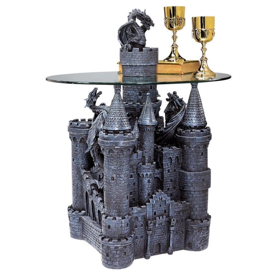Glass-Topped Fierce Dragons Conquering the Gothic Castle Sculptural Table