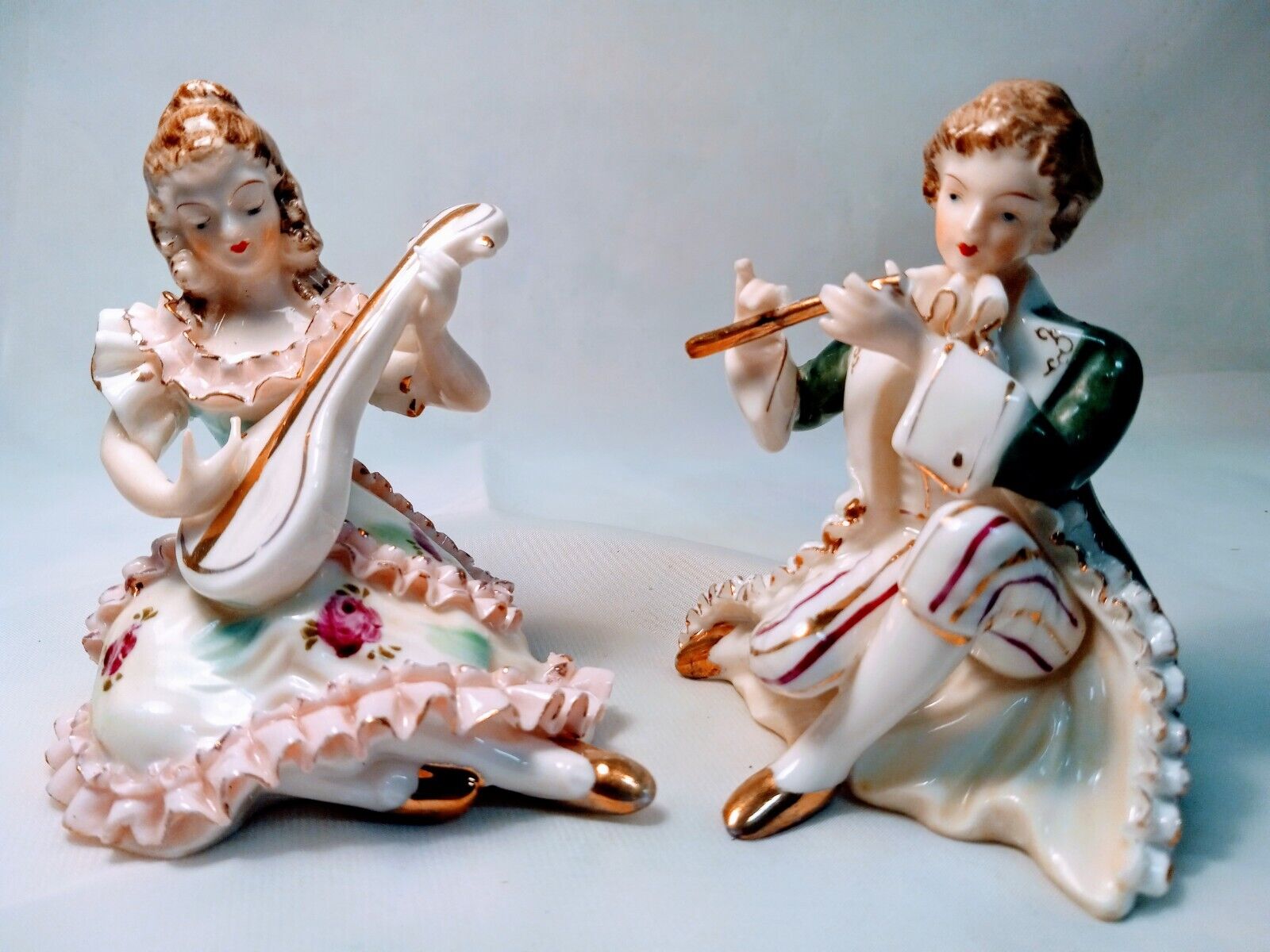 Vtg  Pair Of Thames Porcelain Hand Painted Victorian Musical Figurines 
