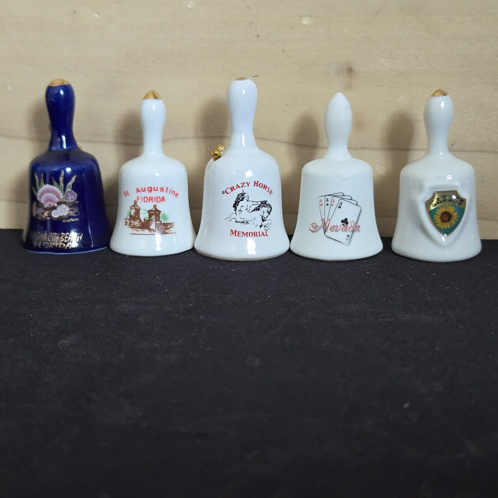 Lot Of 5 Small Ceramic Tourist Bells -Florida Crazy Horse Vegas Kansas