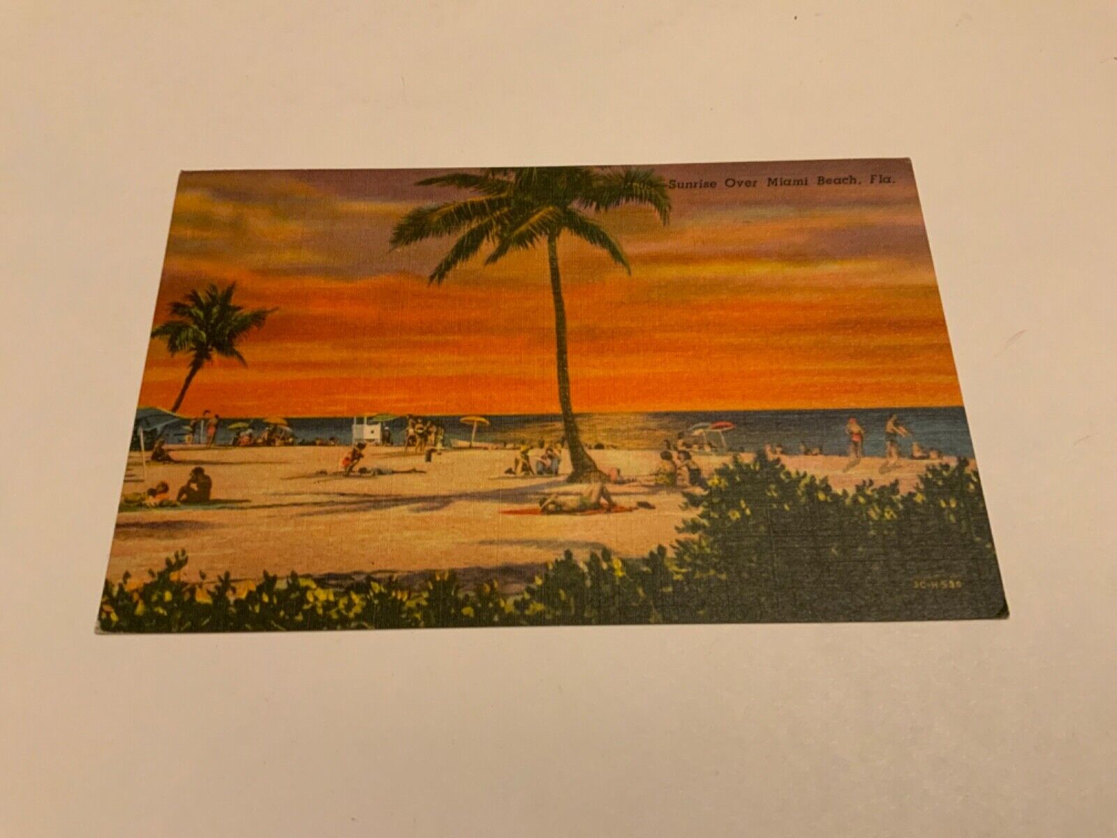 Miami, Fla. ~ Sunrise Over Miami Beach - Beach Scene-1960 Linen Vintage Postcard