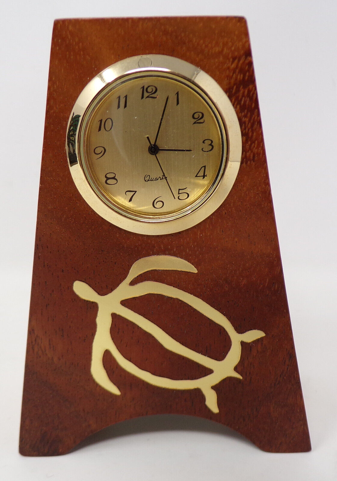 Kauai Made The Koa Store Wood Desk Clock with Gold Tone Turtle Honu Inlay