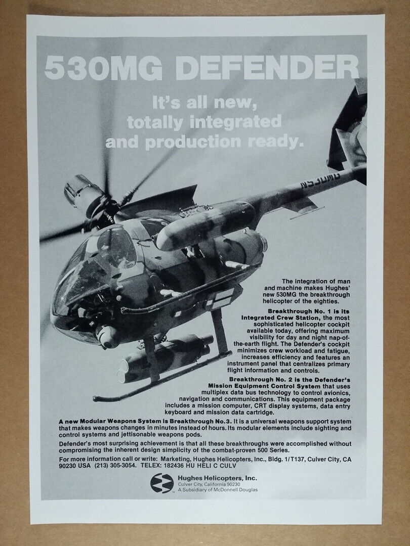 1984 Hughes 530MG Defender Helicopter vintage print Ad